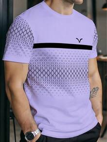 Men's Fashion Patchwork Short Sleeve T-Shirt, 100% Polyester, Geometric Diamond Pattern And Solid Color Combination, Minimalist Pullover Top, Breathable Summer Lightweight Fabric - Multicolor - View 4