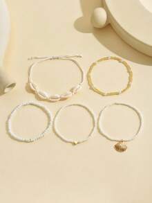 5pcs/Set Minimalist White Seed Bead & Faux Pearl Heart Shaped Beaded Handmade Adjustable Anklet, Suitable For Daily Wear And Vacation - Multicolor - View 2
