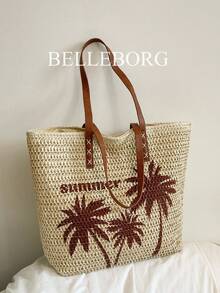 草编手提包，大容量休闲女士单肩包，适合海滩度假 - 米色 - 查看 7