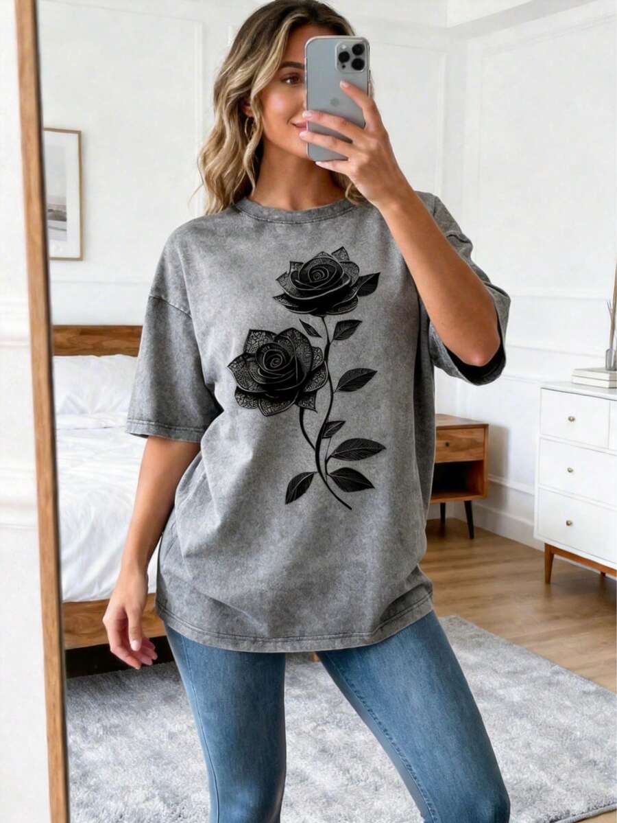 Pure Cotton Washed Loose-Fit T-Shirt,Dark Style Vintage Washed Rose Printed Pure Cotton Oversized Short Sleeve T - Shirt,Halloween,Día De Los Muertos,Home Leisure,,Weekend Outing,Sensitive Skin Group - 灰色 - 查看 1
