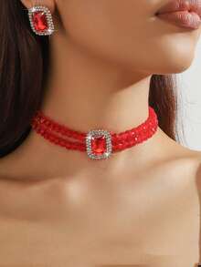 Bộ 3 món thời trang nữ đa năng gồm túi xách cầm tay, túi dự tiệc, túi đeo vai có dây xích, và bộ phụ kiện vòng cổ và bông tai đính đá. - Đỏ - Xem 6