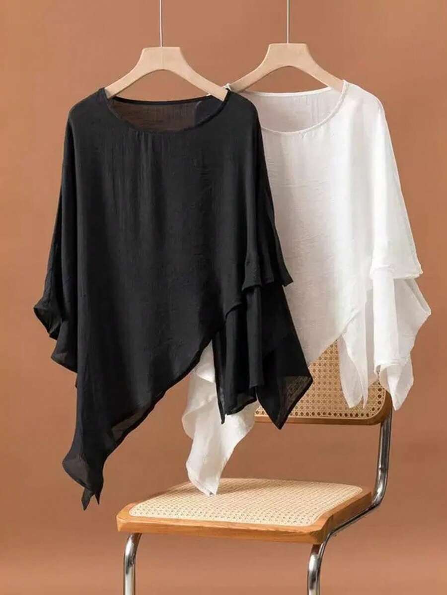 1 pieza Pullover tipo chal de color liso, ligero y semitransparente, con diseño de capas altas y bajo asimétrico, para primavera/verano
