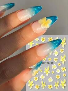 2片装 盛开的花朵岛屿夏季美甲贴纸 黄色鸡蛋花花瓣 5D浮雕美甲贴花 婚礼美甲用品 DIY节日美甲饰品装饰 - 彩色 - 查看 3