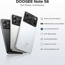 DOOGEE Note 56 Android 16 智慧型手機 無合約，6150mAh 電池，8.45mm 超薄 + 6.56" HD + 90Hz 平價手機，八核心，24 GB + 64 GB，4G 雙卡解鎖手機，臉部辨識/GPS/OTG - 自然色 - 查看 2