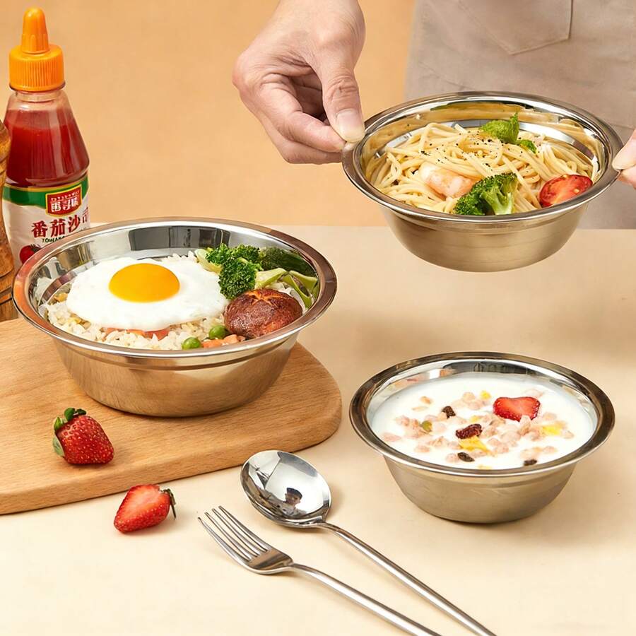 304 Stainless Steel Bowl With Cute Cartoon Pattern,Large Capacity Round Noodle Bowl,Reusable Fruit Salad Food Container,Stackable Tableware,Suitable For Home Kitchen Dining