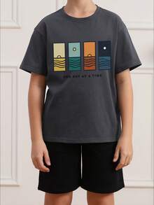 青少年男童印花短袖T恤，学生休闲夏季上衣 - 深灰色 - 查看 2