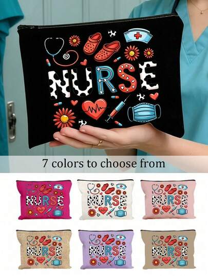 Nurse Print Makeup Bag, 7 Colors Cute Nursing Storage Pouch With Zipper, Portable Medical Themed Toiletry Organizer For Cosmetics, Brushes & Nursing Essentials, Ideal For Nurses, Nursing Students, Doctors & Medical Staff, Perfect For Nurse Week, Birthdays, Work, Travel & Appreciation Gifting, Versatile As Cosmetic Case, Pencil Bag & Healthcare Worker Gift