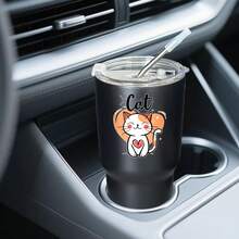 30oz Stainless Steel Tumbler Black White Options,  Cat With Heart And Orange Background Graphic Cups, Insulated Travel Coffee Mug With Lid And Straw , Double Wall Vacuum Reusable Travel Cups, Funny Birthday Party Gift For Women & Men - 黑色 - 查看 2