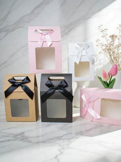 10pcs Paper Gift Boxes With Bow Ties And Clear Windows, Handle Covers, White Paper Gift Bags, Ideal For Bridal Showers, Holidays, Birthdays, Back To School Gifts, Small Business/Classroom Presents, Winter Packaging, Valentine Day, Party Favors, Party Decoration, Birthday Decoration, Babe Shower, Mother's Day, Celebrations, Gift Wrapping