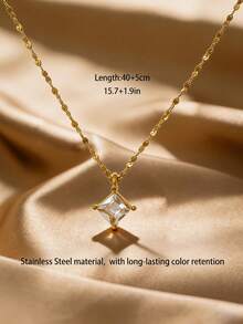 1件不锈钢防水防褪色金色水钻钻石形吊坠项链，适合女士日常佩戴 - 金色 - 查看 3