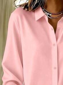Basic Casual Women's Plus Size Long Sleeve Lightweight Button-Up Shirt Pink - Pink - View 5