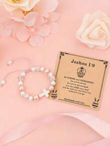 1pc Easter White/Pink Pearl Cross Pendant Bracelet For Gils And Teens Easter Basket Filler Christian Gift - Multicolor - View 6