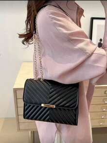 Fashionable Solid-Color Quilted Chain Shoulder Bag.Summer Bag.Black Bag - Black - View 5