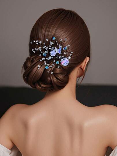 1pc Fashionable Colorful Floral & Butterfly Crystal Hair Clip, Heart Shaped Decor Hair Accessory Suitable For Bride, Wedding, Date, Outing, Festival, Party, Daily Casual Wear