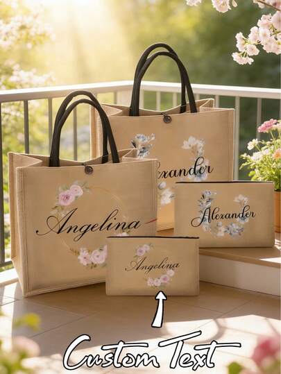 2pcs Customized Name & Floral Pattern Handbag And Cosmetic Bag Set, Women Linen Large Capacity Tote Bag, Shopping Bag, Portable Casual Organizer Handbag, Ideal Gift For Her, Family, Friends, Girlfriend, Suitable For Daily Travel, Vacation, School, Holiday/Vacation, Outdoor Activities/Hiking/Travel/Sports/Office, School Supplies, Back To School, Teacher's Day Gift, Dorm, Fashionable Autumn ,Travel Organizer