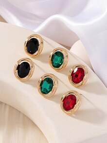 1 Pair Luxury Retro Style Gold-Plated Glass & Zinc Alloy Stud Earrings, Suitable For Daily Wear And Weddings, Black - Black - View 3