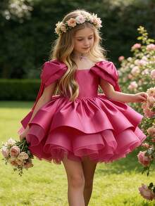优雅的紫红色蝴蝶结花童礼服，女童晚礼服，公主裙，舞会礼服，婚礼，生日，派对，圣诞节，毕业典礼 - 玫紅色 - 查看 1