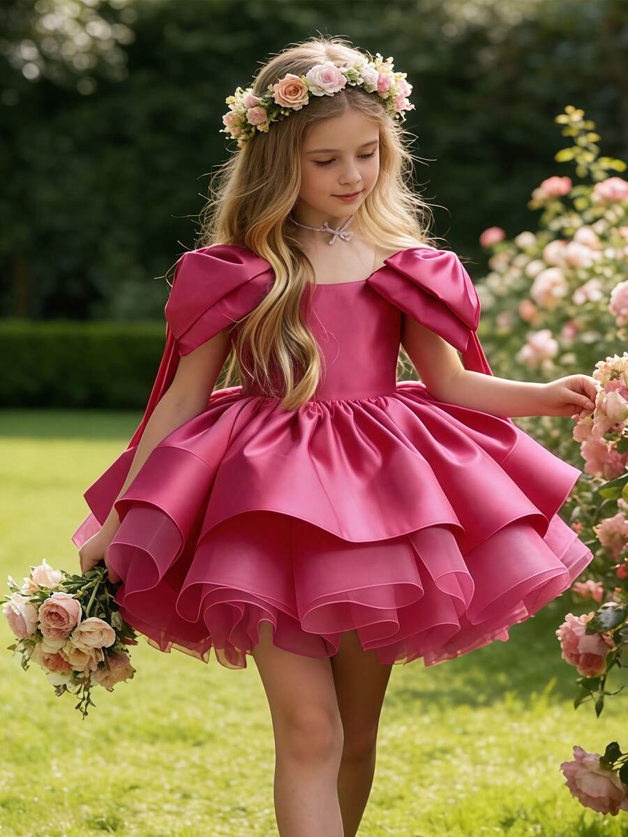 优雅的紫红色蝴蝶结花童礼服，女童晚礼服，公主裙，舞会礼服，婚礼，生日，派对，圣诞节，毕业典礼 - 玫紅色 - 查看 1