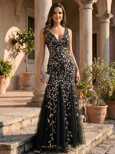 EVERPRETTY 优雅亮片刺绣V领鱼尾闪亮花卉亮片舞会晚礼服，适合晚宴、派对、婚礼宾客、正式场合、春假等场合