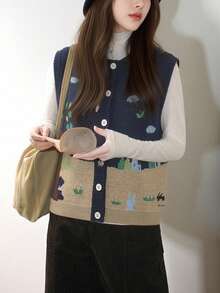 Alicedudu Women's Autumn Casual Cartoon Fun Pattern Floral Print Ribbed Knit Cardigan Vest - Navy Blue - View 5
