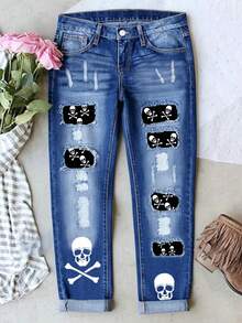 Plus-Size Women's High-Waisted Jeans, Dark Blue Retro Skull Print Design, Street Style Plus-Size Women's High-Waisted Jeans, Suitable For Everyday Wear. - 藍色 - 查看 11