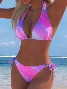 Bộ bikini hai mảnh hở lưng gợi cảm, in họa tiết chuyển màu, có dây nâng ngực, kiểu dáng châu Âu và Mỹ, màu hồng, thích hợp cho kỳ nghỉ biển. - Hồng - Xem 2