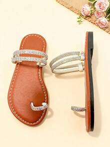 1 Pair Brown Girls' Sandals, Girls' Non-Slip Flat Sandals, Rhinestone Strap Versatile Open Toe Roman Sandals, Suitable For Summer Daily Wear, Beach, Wedding Party, School Gathering, Casual Gathering - Brown - View 4