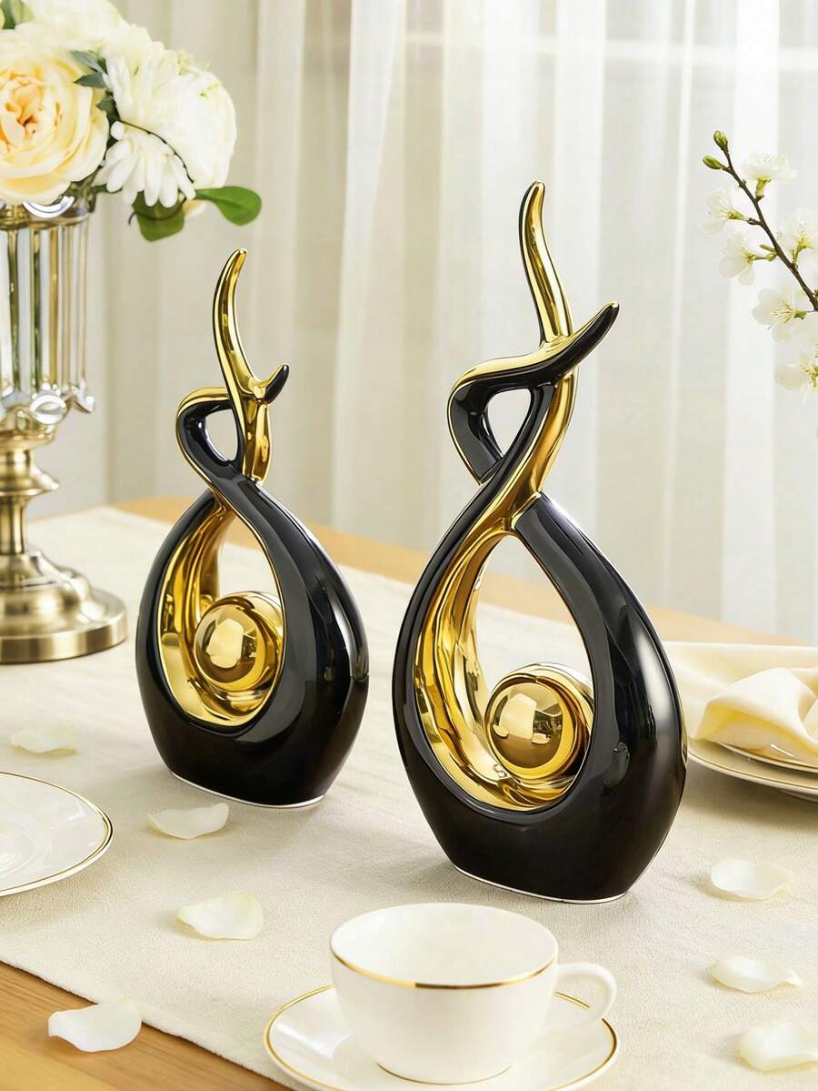 Tác phẩm điêu khắc trừu tượng hiện đại màu đen và vàng, tượng nghệ thuật sang trọng, vật trang trí trung tâm thanh lịch cho phòng khách, kệ tivi, giá sách, bàn làm việc, lối vào, món quà tân gia và đám cưới lý tưởng, điểm nhấn hiện đại cho phòng ngủ và bàn ăn. - 1PC - Xem 1