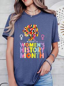 Colorful Woman Silhouette With Text Women's Plus Size Cotton Blend T-Shirt Soft Breathable Top, America 250th Anniversary Patriotic Outfit, 4th Of July St. Patrick's Day Easter Carnival Casual Daily - 藏青色 - 查看 1