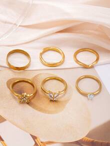 6pcs 18K Gold Plated Stainless Steel Zirconia Butterfly, Heart, Windmill Rings, Fashionable Luxury Delicate Romantic Versatile Knuckle Rings, Suitable For Women's Daily Wear, Holiday & Date Gift Jewelry - Multicolor - View 5
