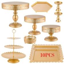 10 Juego de Soportes para Tartas Dorados Juego de Soporte de Metal para Postre Torre de Exhibición de Dulces de Frutas Bandeja para Servir Pasteles y Magdalenas para Bodas o Cumpleaños - Dorado - Ver 1