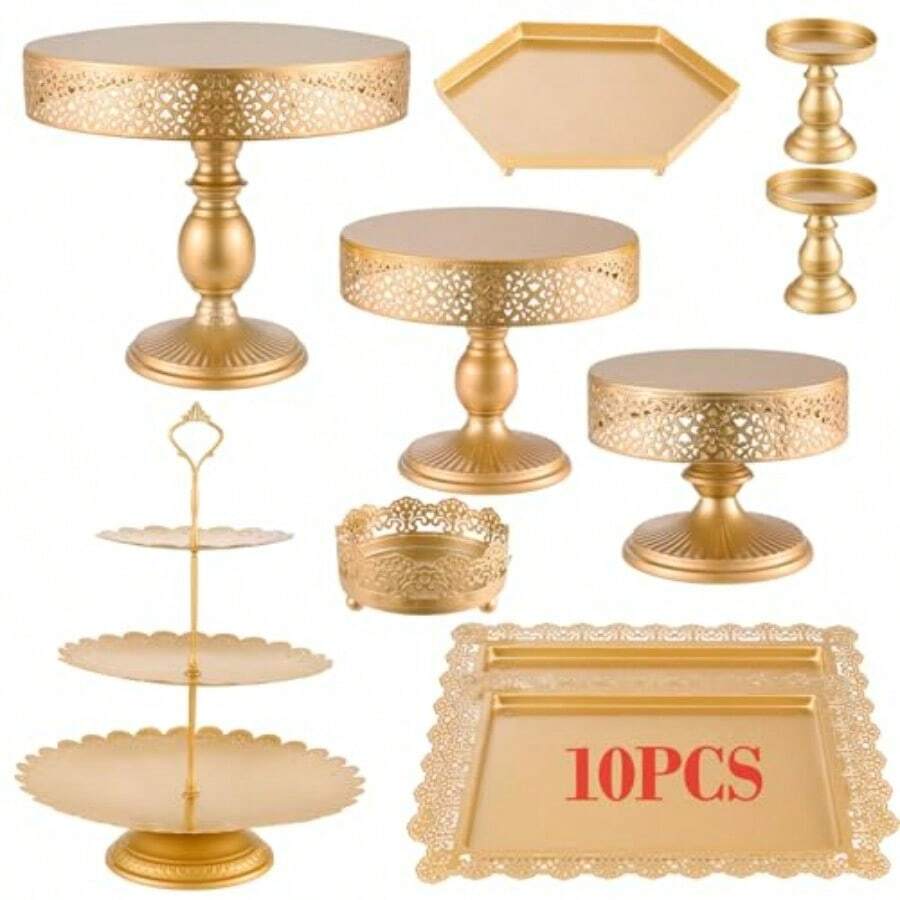 10 Juego de Soportes para Tartas Dorados Juego de Soporte de Metal para Postre Torre de Exhibición de Dulces de Frutas Bandeja para Servir Pasteles y Magdalenas para Bodas o Cumpleaños - Dorado - Ver 1