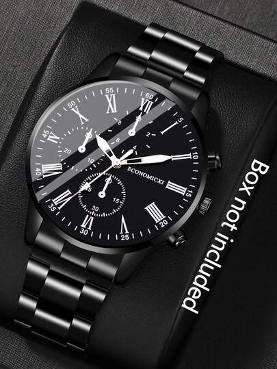 Reloj de cuarzo minimalista y elegante con esfera negra redonda y manecillas para hombres - Adecuado para fiestas, reuniones y viajes para consultar la hora