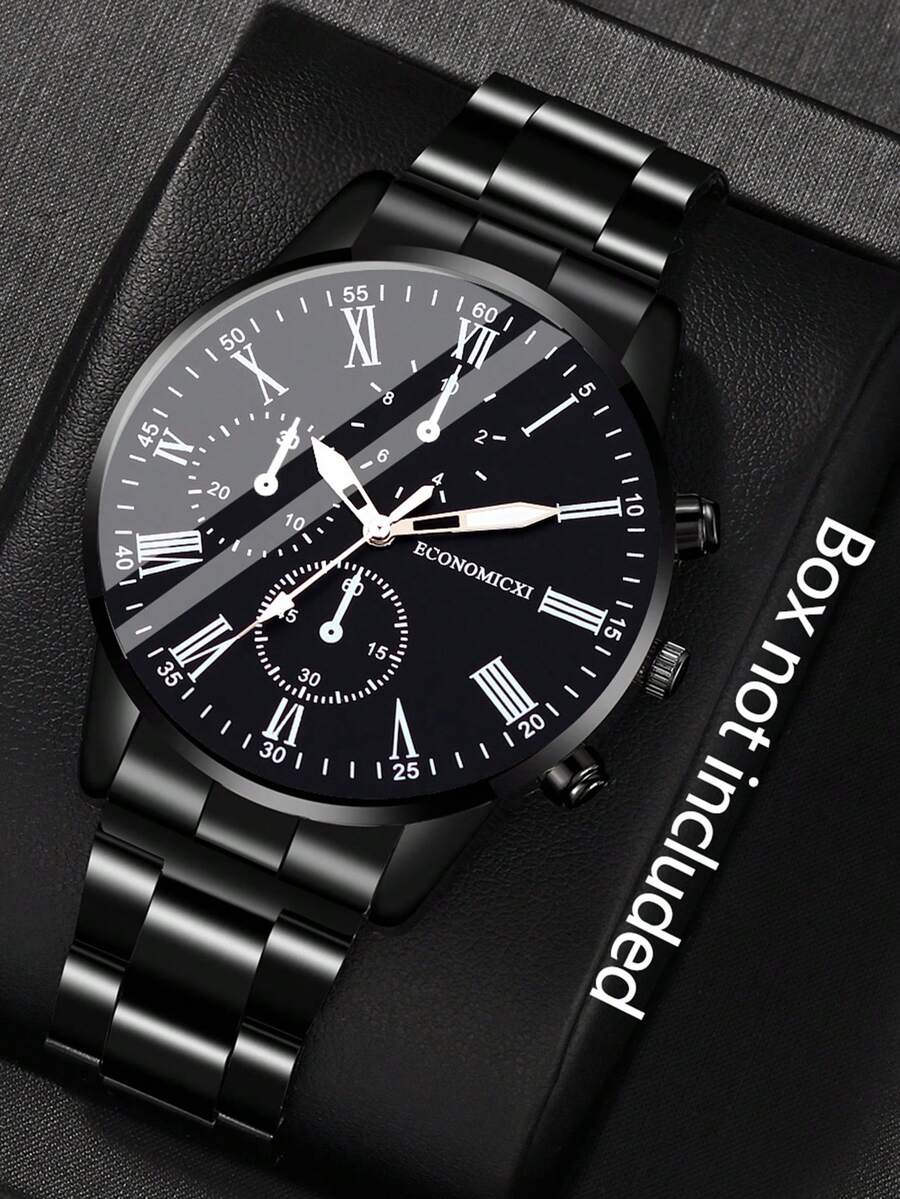 时尚简约男士圆形黑色指针石英表 - 适合派对、聚会、旅行等场合查看时间 - 彩色 - 查看 1