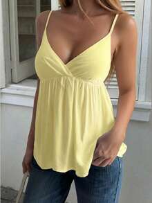 女士Y2K风格V领纯色吊带背心，性感休闲街头风居家服，黄色夏季款 - 黃色 - 查看 8