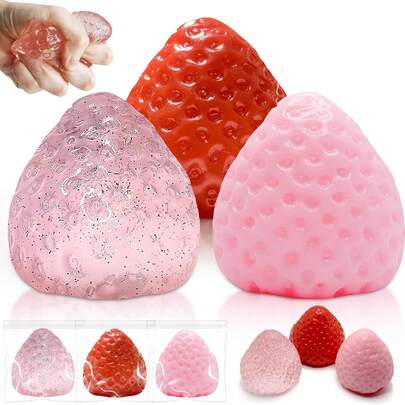 3pcs/Set Soft Silicone Strawberry Squeeze Toys, Handmade High-Quality Stress Relief Food Toys DIY, Ventilated Anxiety Relief Toys, Suitable For Family Gatherings, Parties, Birthday Gifts