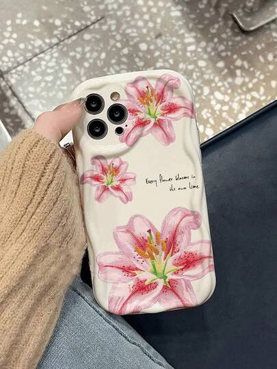 Flower Lily Cream Wavy Edge Thick Shockproof Phone Case, Suitable For IPhone 17/17 Pro/ 15 Pro Max/ 16/16 Pro/16 Pro Max/16 Plus/15 XR/7/8/15 Pro Max/12 Pro Max/13 Pro Max/14 Pro Max, 13, 14, 11, 12, 14, Phones