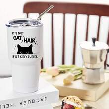 30oz Stainless Steel Tumbler Black White Options,  It's Not Cat Hair It's Kitty Glitter Graphic Cups, Insulated Travel Coffee Mug With Lid And Straw , Double Wall Vacuum Reusable Travel Cups, Funny Birthday Party Gift For Women & Men - 白色 - 查看 2