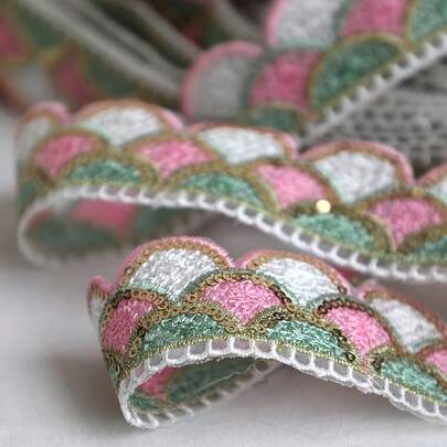 Colorful Embroidered Lace Trim With Gold Sequins Wavy Edge Ribbon Applique, Pink/Green/White Floral Decorative Sewing Lace Trim, Vintage Bohemian Lace Ribbon, Suitable For Dress Hem, Sleeves, Garment Crafts, Home Decor Sewing Supplies DIY