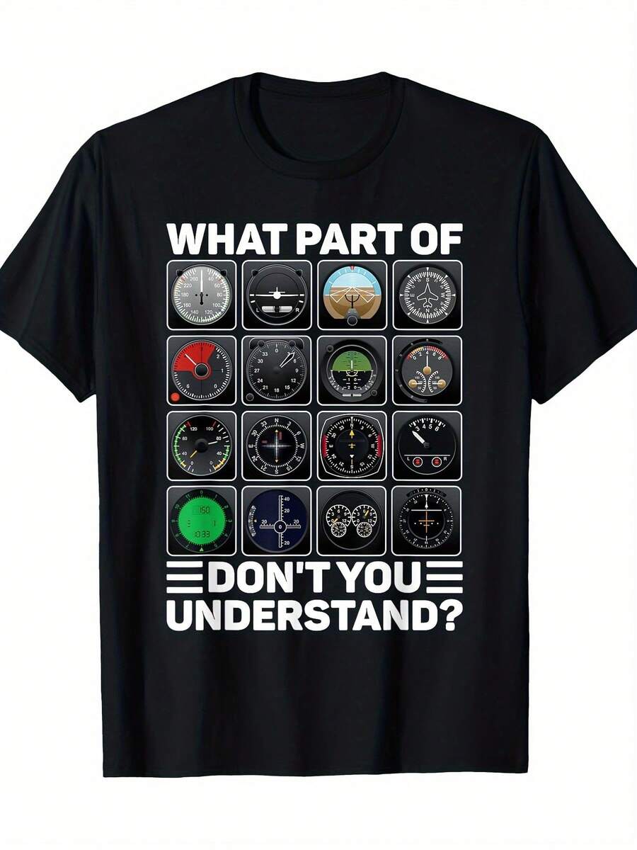 Airline Aircraft Airplane Pilot Tools Instruments Indicators T-Shirt - 180G - Black - View 1