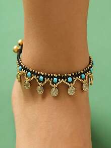 1 chiếc vòng chân đính cườm thủ công kiểu Bohemian mạ vàng cổ điển dành cho nữ, hạt cườm đồng và ngọc lam, phụ kiện trang sức mùa hè đi biển. - Đan tay - Xem 2
