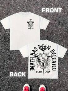 Printed T-Shirt Cotton Plus Size Men's Clothing, Death Has Been Defeated, Skull, Isaiah 25:8, Faith, (Cotton T-Shirt) Men's Round Neck Short-Sleeved Cotton Casual T-Shirt, Loose Style, Versatile, Unisex, Suitable For Holiday Travel! ,Y2K,Oversized Shirt Men S-5XL,Summer Tops - trắng - Xem 1
