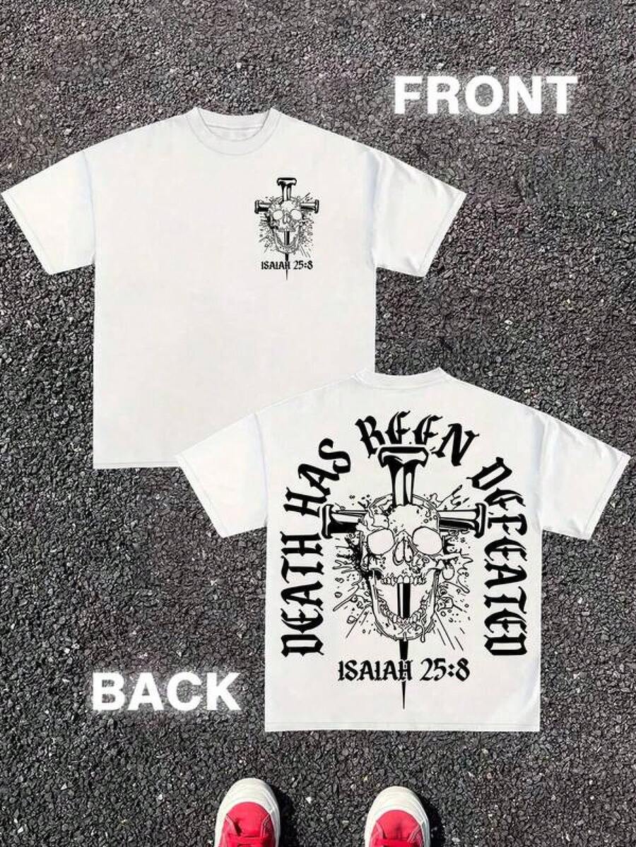 Printed T-Shirt Cotton Plus Size Men's Clothing, Death Has Been Defeated, Skull, Isaiah 25:8, Faith, (Cotton T-Shirt) Men's Round Neck Short-Sleeved Cotton Casual T-Shirt, Loose Style, Versatile, Unisex, Suitable For Holiday Travel! ,Y2K,Oversized Shirt Men S-5XL,Summer Tops - trắng - Xem 1