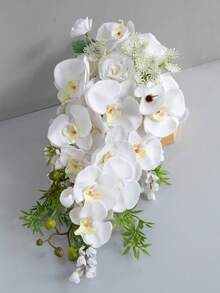 Boho Wedding Waterfall Bouquet Artificial Silk Flowers, Handmade Faux Rose & Butterfly Orchid Bridal Cascade Bouquet For Wedding Photoshoot Party Decor,Festival,Elegant - Multicolor - View 10