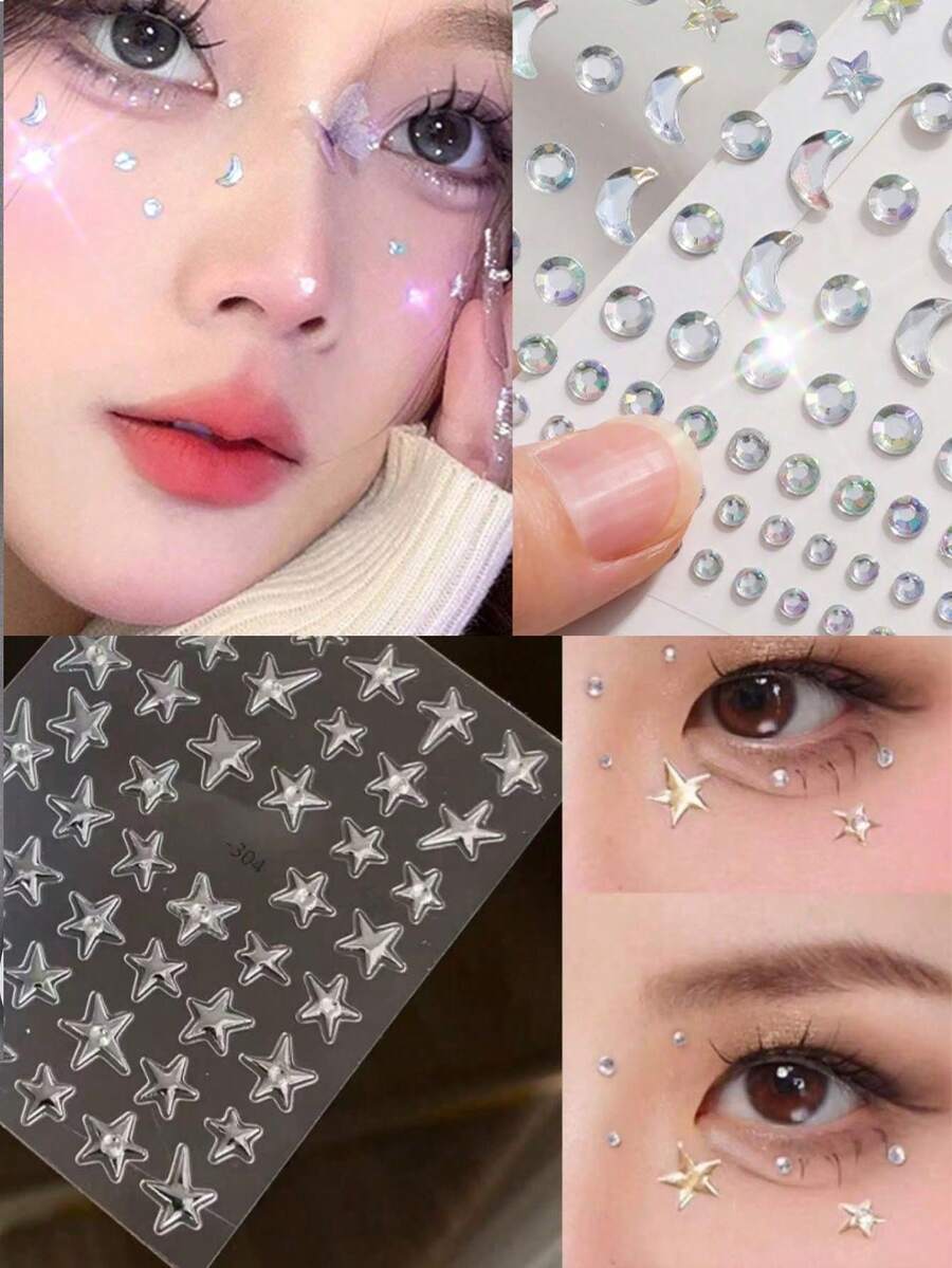 1pc Multi-Purpose Star Stickers, Metallic Silver Rhinestone Face Stickers, Star Nail Art Stickers - Holiday Decoration Elements Y2K Style Asymmetrical Star Art Design, Suitable For Women's Daily, Wedding, Holiday Self-Adhesive Nail Stickers