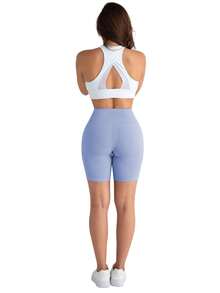 Quần short bó sát dáng rộng dành cho nữ, quần short yoga cạp cao ôm dáng có túi, quần short thể thao thời trang cho mùa xuân/hè. - Màu xanh nhạt - Xem 5