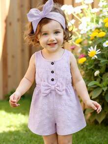 Baby Girls' Cute Solid Color Round Neck Sleeveless Bow Decor Button Design Half-Placket Romper, Suitable For Home, Daily Wear And Outings, Spring/Summer - Purple - View 4