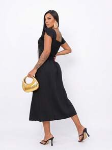 Women's Tailored Set: Cropped Top With Ruffled Sleeves, Midi Skirt With Front Slit, High Waist. Elegant Women's Fashion Set ✨ Casual, Vacation, Beach - 黑色 - 查看 5