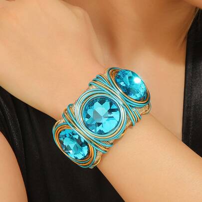 1pc Handmade Exaggerated Aluminum Wire Woven Beaded Resin Plastic Crystal Bracelet, Boho South Asian Style Beach Resort Party Middle Eastern Formal Elegant Women Jewelry