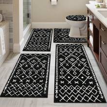 Pauwer Bathroom Rugs Sets 5 Piece With Lid Cover Bathroom Shower Rugs With U-Shaped Contour Toilet Mat Absorbent Microfiber Plush Bath Mats Non Slip Bath Rugs 4 Piece Machine Washable Bathroom Floor Mats - 黑色圖案 - 查看 10
